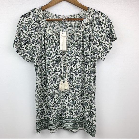 Lucky Brand NWT Border Print Smocked Top Green - Picture 3 of 8